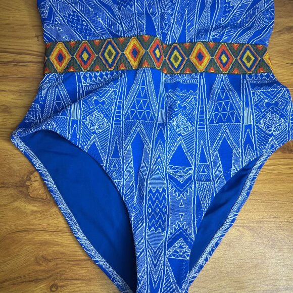 WET Swimwear Halter One Piece Swimsuit Size S Cobalt Aztec Plunging Neckline NWT - Picture 4 of 10